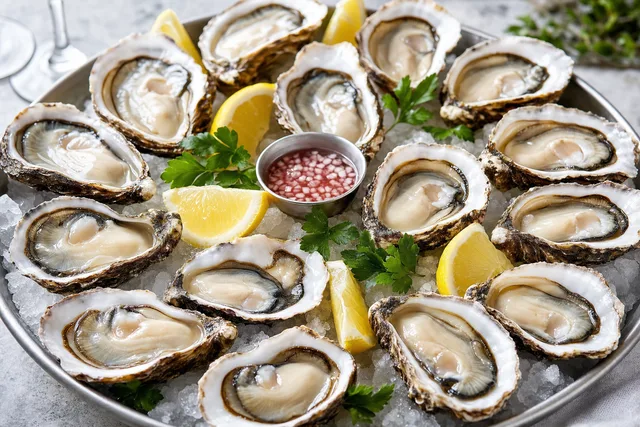A platter of fresh raw oysters on ice with lemon, a Gulf Coast favorite served up during Destin’s Seafood Festival