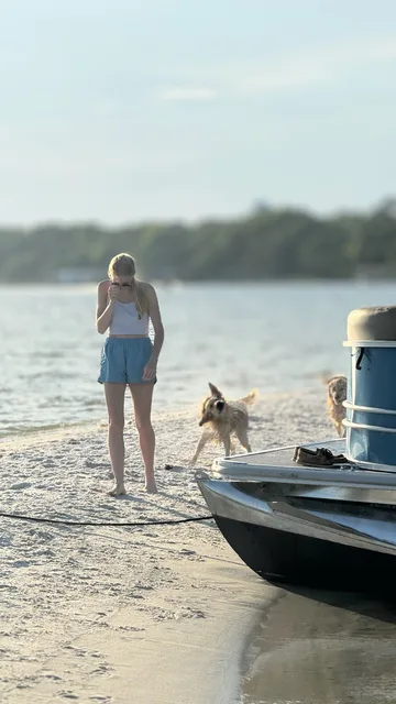 Guests and their dogs enjoying a golden-hour beach stop on a Destin pontoon charter excursion